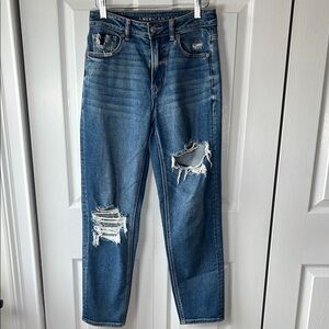 American Eagle Outfitters Blue Straight Leg Jeans with Distressed Details